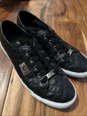 Guess Black Quilted Leather Low-Top Sneakers with Silver Accents